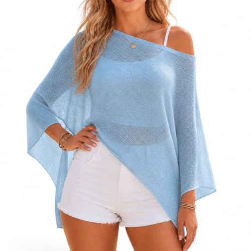 DVDVBOOM Summer Sheer Poncho Crochet Tops Womens Beach Cover Ups Ladies Crochet Asymmetrical One Shoulder Summer Poncho Tops Beachwear