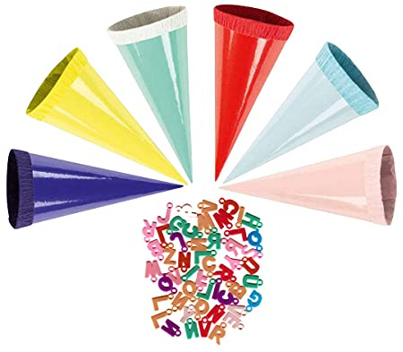 Stylex Schultüte 12 cm - rund - Geschenktüte klein Dekoration Zuckertüte Deko für Schulanfang Dekotüten 12cm mit Buchstaben (18 Schultüten mit Buchstaben)