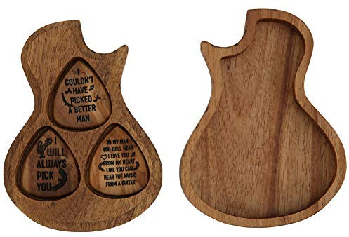 Bnineteenteam Gitarrenholz Picks Box,Guitar Shaped Plektrum-Behälter mit 3 Stück Plektren für Standard-Plektren Gitarrenliebhaber Plektrum Box Druck Musikinstrumentenzubehör