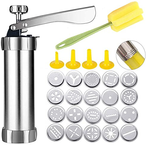 Spritz Cookie Press Gun Kit, Stainless Steel Biscuit Press Cookie Gun Set with 20 Cookie discs and 4 nozzles for DIY Biscuit Maker and Churro Maker
