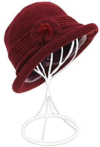 ZffXH Winter Wool Knit Cloche Hat 1920 Vintage Beanie Cap Bowler Church Bucket Dress Felt for Women Ladies Seniors