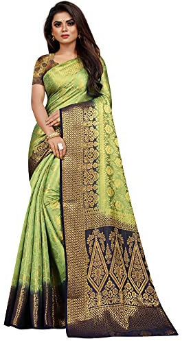 iZibra Women's Pure Kanjivaram Soft Cotton Silk Saree Kanchipuram Pattu Banarasi Sari With Blouse Piece 2024(kismat-2 paithani), Pista Navy Blue, Free Size, Pista Navy Blue, Free Size