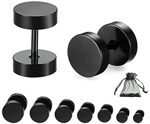 Edelstahl Ohrstecker Schwarz - 7 Paar Runde Schraubohrringe Barbell für Herren und Frauen - 4mm-10mm Flach