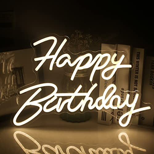 SIGNSHIP Happy Birthday Neon Sign Warm White LED Neon Light for Wall Decoration USB Power Letter Light Signs for Home Bedroom Bar Club Birthday Party Decoration Birthday Gift