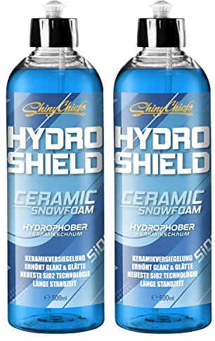 ShinyChiefs HYDRO SHIELD - CERAMIC SNOWFOAM - Si02 Auto-Versiegelung mit Hochglanz-Effekt - hydrophobe Keramikbeschichtung für nahezu alle Fahrzeugoberflächen, einfache Anwendung, 2x 500ml
