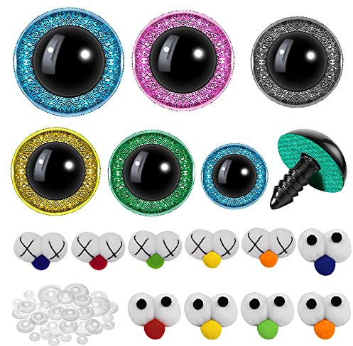 Generisch 70 STK Sicherheitsaugen Set 60 STK Sicherheitsaugen Glitzer 16-30mm und 10 STK Plüschige Spielzeugaugen Puppenaugen mit Unterlegscheiben