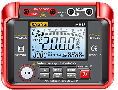Irfora MH13 250V-2500V Digitaler Isolationswiderstandstester 1MΩ-200GΩ Megger Megohm Test Meter Auto Range 2000 Counts LCD Display 10V~600V AC/DC Voltmeter mit 100 Datenspeicher