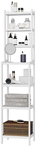 FOREHILL Scaffale Bagno,Scaffalatura Portaoggetti in Bambù, Mensole Scaffale Autoportanti con 7 Ripiani Regolabili, per Bagno, Soggiorno,Cucina, Balcone 160x36x28cm (Bianco)