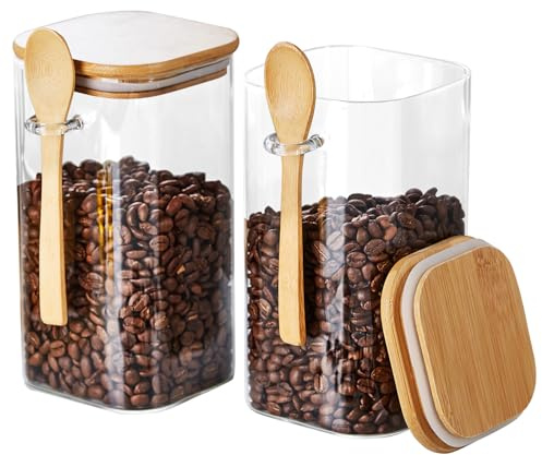 Glass Jars with Airtight Bamboo Lids and Spoons, 2PCS 1150ml/39oz Overnight Oats Containers with Lids, Glass Food Storage Containers for Coffee Beans, Flour, Sugar, Cookie, Pasta, Tea Leaf