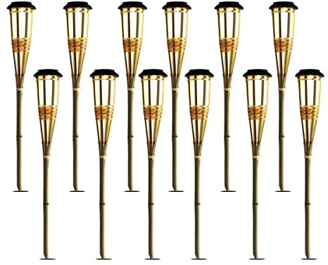 JUANIO Lot de 12 torche solaire, lampe LED de jardin, torche lumière en bambou - Diamètre 8.8 x Hauteur 62 cm