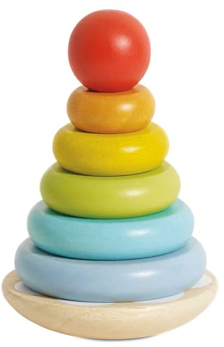 Le Toy Van Gioco Torre ad Anelli impilabili Montessori, Giocattolo educativo per Bambini dai 18 Mesi, Petilou, 6 Pezzi Arcobaleno da impilare, Gioco Ecologico, in Legno FSC, Petilou