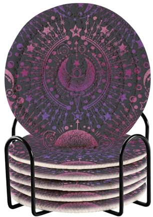 Drink Coasters Magical Astrology Dark Purple Coasters Set of 6 with Holder Round Absorbent Cup Mats for Bar Coffee Tabletop Protection