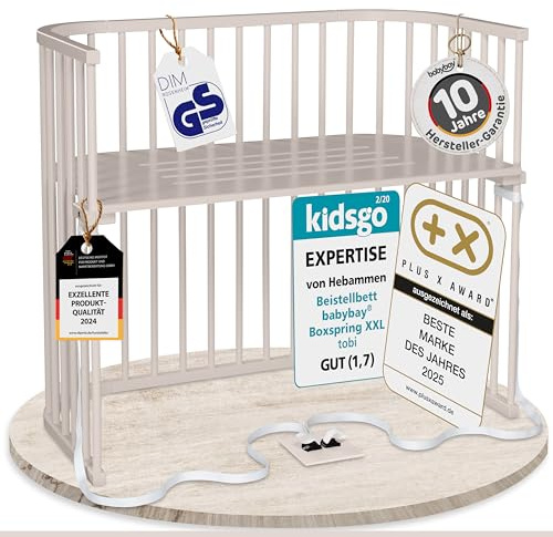 babybay Boxspring XXL Beistellbett aus massivem Buchenholz/kompakt & verwandelbar/Kinderbett Höhe stufenlos verstellbar/mitwachsendes Babybett (beige lackiert)