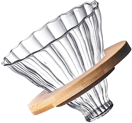 VINTORKY Filtro Embudo De Café De Vidrio Borosilicato Con Soporte De Madera Reutilizable Para Colador Manual y Cafetera Gotero Diseño Rayas Para Taza Individual