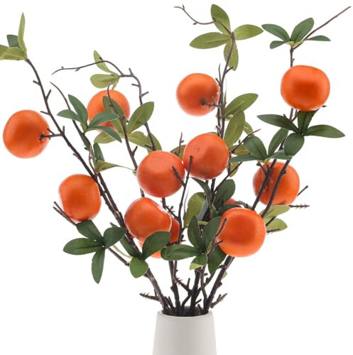 Woration 4 ramas artificiales de naranja de imitación de mandarina de plástico con fruta, vegetación falsa, accesorios de decoración para el hogar, 49 cm