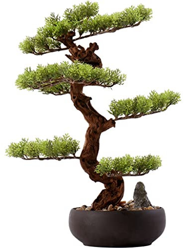 Artificial Bonsai Tree Artificial Bonsai Pine Tree, 19 Inches Faux Potted Plant Fake Tree Pot Ornaments Desk Display, Japanese Pine Bonsai Plant for Home Office Decoration Fake Bonsai Tree