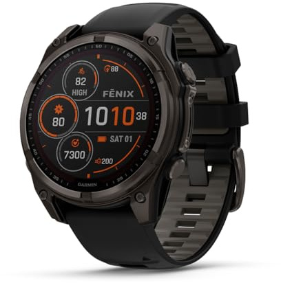 Garmin fēnix® 8 – 47 mm,Solar,Sapphire,Premium Multisport GPS Smartwatch, Long-Lasting Battery Life,Dive-Rated, Built-in LED Flashlight, Carbon Gray DLC Titanium Bezel Black/Pebble Gray Silicone Band