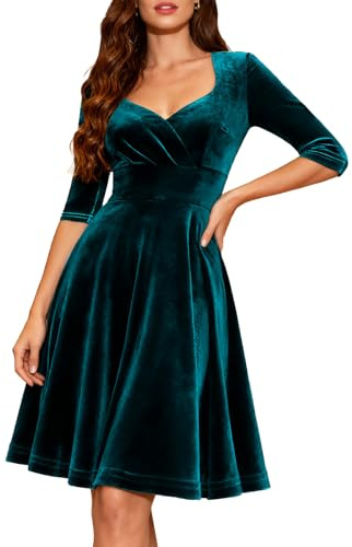 Velvet Evening Vintage Cocktail Christmas Party Diner Dress Winter Formal Wedding Guest Prom Dress Long Sleeve V-Neck V-Turquoise XL