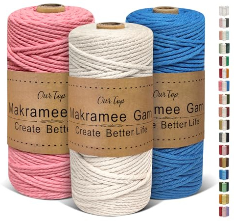 OurTop Premium makramégarn, set om 3, 3 mm x 100 m, makramésnöre, garn för gör-det-själv-hantverk, vävning, dekoration, hängande växtväxt hängare (natur, blå, vattenmelonröd)