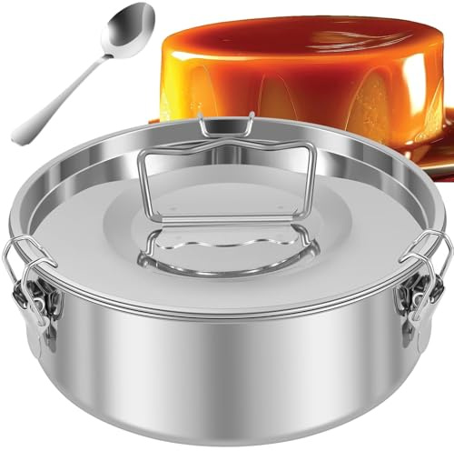 Juego de moldes para flan con estante de vapor y alfombrilla de silicona, sartén de acero inoxidable 304 con tapa, 19 cm, capacidad de 1.5 cuartos de galón, molde redondo para hornear pasteles de