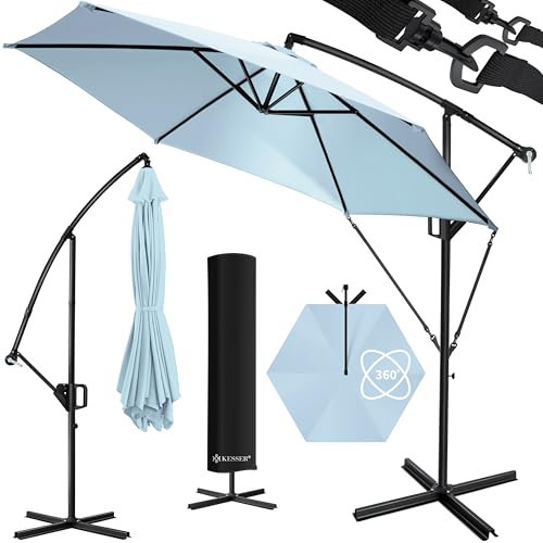 KESSER® Ombrellone parasole in alluminio + copertura Ø 350 cm e manovella con supporto, protezione UV in alluminio, rivestimento impermeabile a 360°, ombrellone da giardino, colore azzurro, Azzurro,