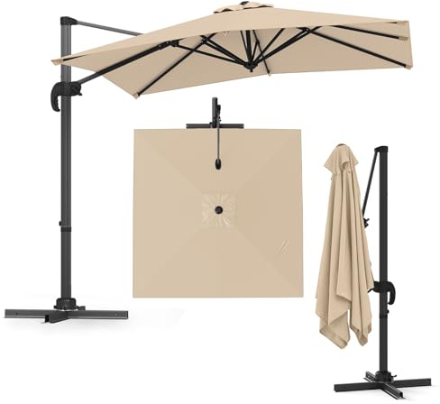 GOPLUS Parasol de Jardin Exterieur, Parasol Déporté 2,5x2,5 M avec 5 Inclinaisons Réglables, Rotation à 360°, 8 Baleines, Protection Solaire, pour Balcon Patio Marché (Beige)