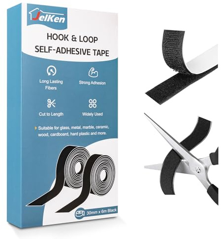 JelKen Hook and Loop Tape, 30mm x 6m, Heavy Duty Self Adhesive Tape Extra Strong Double Sided Sticky Strips for Carpet Picture Hanging Fabric Home Office Industrial | Cut-to-Length (Black)