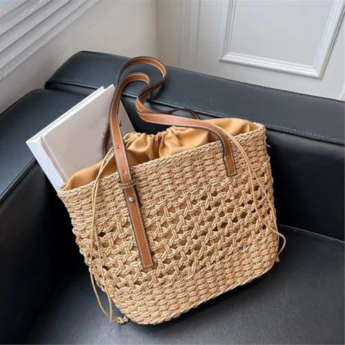 AMENGJ Femmes Paille Sac de Plage Sac fourre-Tout décontracté en rotin et Osier, Grande capacité, tissé, for la Plage, Les Voyages, Grand Panier(Khaki)