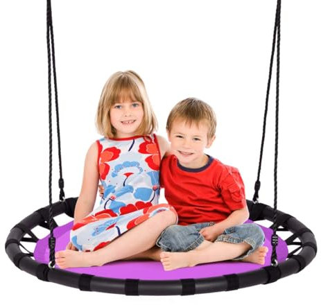 Children Nest Sing, 100 cm Round Tree Swing with Length Adjustable Hanging Ropes, Saucer Swing Set Indoor Outdoor for Kids Family 150 Capacity (Purple)