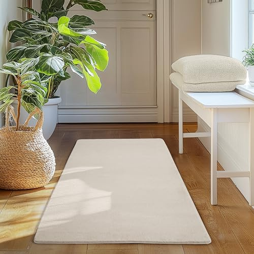 SIMPEX Läufer Teppich Creme 60x100 cm Waschbarer Kurzflor Teppich, rutschfest & weich, modernes einfarbiges Design für Schlafzimmer, Küche & Flur