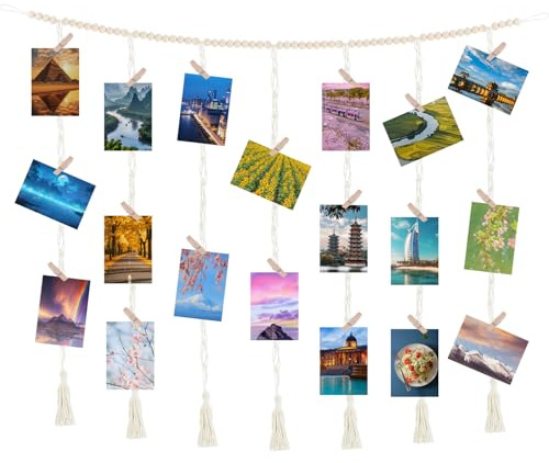 Niuny Pele Mele Photo Mural Cadre Photo Pele Mele avec 45 Clips en Bois Cadre Photo Mural avec 7 Cordes Mur de Photos Décoration Diy Bohème Porte Photos Pinces pour Ado Fille Maison Chambre Decoration