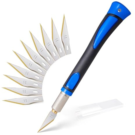 FOSHIO Scalpel avec 10 lames revêtues de titane Cutter de Précision Couteau Professional Cutter Set couteaux et capuchon de protection, scalpel chirurgical, couteau à découper(Bleu)