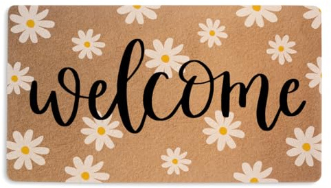 Daisy Outdoor Welcome Mat Faux Coco Coir Doormat with Non-Slip PVC Backing 18x30 Inch, White Floral Welcome Mat for Outdoor Indoor Entryway Porch Decor for Home, Housewarming New Home Gifts for Women
