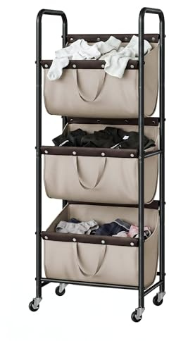 GRANNY SAYS Cesto portabiancheria con 3 cravatte, con ruote, organizzazione e conservazione della lavanderia, carrello per lavanderia a 3 sezioni per dormitorio, bagno, camera da letto, armadio, cachi