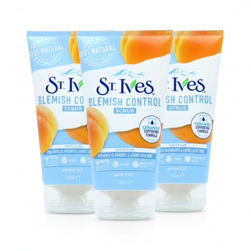 St Ives Face Scrub Blemish Fighting Apricot Pack of 3 | Deep Exfoliating Facial Scrub with Natural Exfoliants | Clears Pores & Reduces Blemishes | Oil-Free Skin Care for Acne-Prone Skin