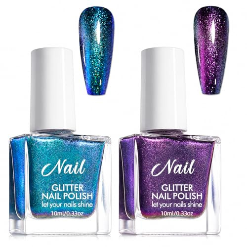 2Pcs Chamäleon Nagellack mit Lila Blau Farbwechsel - Holografischer Nagelack Schnelltrocknend - Ungiftig Glitzer Nagellack Auf Wasserbasis - Nail Polish Ohne UV Lampe für Frauen DIY Nail Art 10 Ml