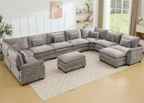 BIAOZHIKE Oversized Modular Sectional Sofa Set, Convertible Deep Seat Cloud Couch with Ottoman, Large U Shaped Corner Couch with Throw Pillows for Living Room (Grey, 10 Seater)