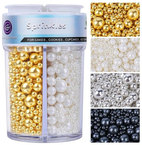 Perles Comestible de Sucre Blanc, Doré, Argenté & Noir (130g) - Perlé Sucre en 4 Tailles pour desserts perlé Décoration, Cupcakes, Gâteaux, et Biscuits - Pour Mariages et décoration