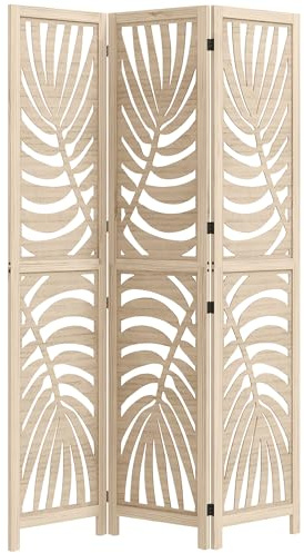 HOMCOM Paravent Interieur en Bois 3 Panneaux 120 x 170 cm, Séparateur de Pièce Pliable et Portable, Motif de Feuille, Cloison de Séparation Amovible pour Salon, Chambre à Coucher, Maison, Bois Naturel