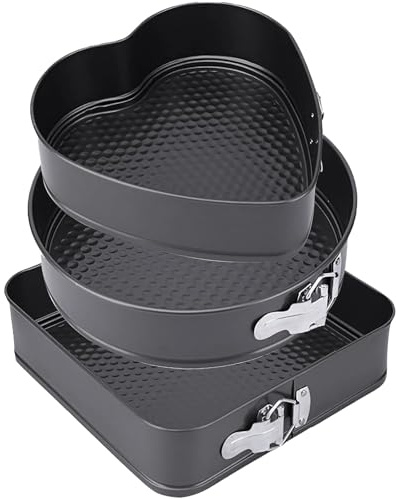 Springform Cake Tin Set of 3, Non-Stick & Removable Bottom - 20cm Heart, 22cm Round, 24cm Square Baking Tins for Cheesecake, Bread & Pizza