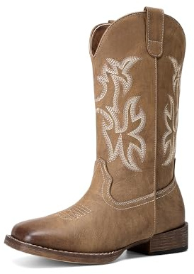 DREAM PAIRS cowgirl-stövlar för kvinnor | Bred fyrkantig tå västerländsk mitten av vaden dra på broderade sydda retrostövlar, lämpliga för dagliga musikfestivaler mode