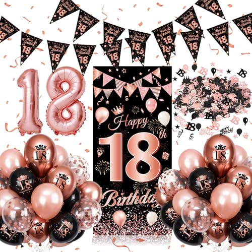 18th Birthday Decorations for Girls, Rose Gold Black 18th Birthday Balloons | Happy 18th Birthday Banner for Girls, 18th Birthday Party Decorations with Number 18 Balloons, Triangle Flag Banner＆Confetti