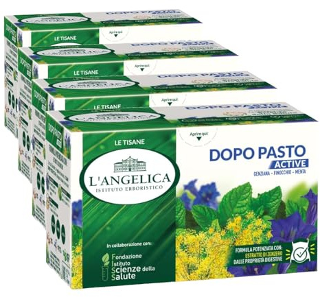 L'Angelica, 1 Astuccio da 18 filtri di Tisane Dopo Pasto Active, Infuso Funzionale Digestivo con Genziana Finocchio e Menta, per favorire la Digestione (Confezione da 4)