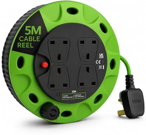 FERRIS 4 Socket Extension Lead 5m, Heavy Duty Cable Reel with Thermal Cut-Out & LED Power Indicator, 13A Compact Wind-Up Extension Cable Reel, CE & UKCA Certified — Use for Home, Office & Workshop