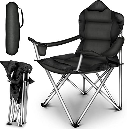 TRESKO Campingstuhl faltbar bis 150 kg | Angelstuhl Faltstuhl Klappstuhl mit Armlehnen und Getränkehalter (Schwarz)