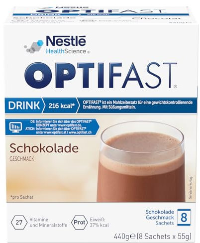 OPTIFAST® Diät Shake Schokolade zum Abnehmen | eiweißreicher Mahlzeitersatz mit wichtigen Vitaminen und Mineralstoffen | schnell zubereitet und lecker im Geschmack | 8 x 55g