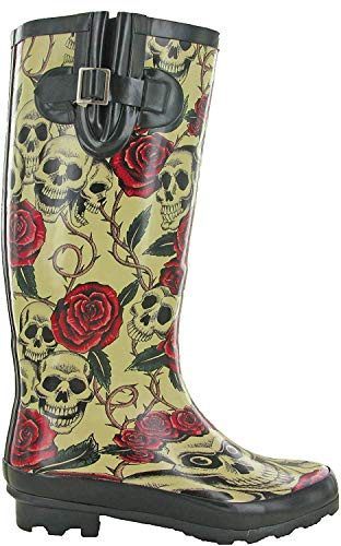 TOSH Bottes en caoutchouc pour femme avec boucle réglable et motif tête de mort - Taille 36-42, Bottes en caoutchouc Skull Roses, 40 EU