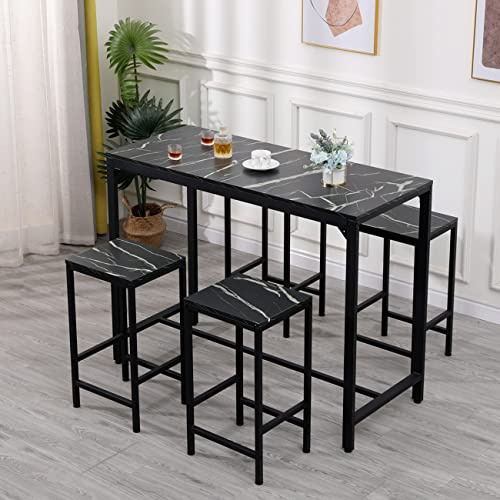 Bar Set with Black Marble Effect, Bar Table with 4 Stools Set Home Bar Set Kitchen Counter Set for Breakfast Modern High Dining Table with 4 Chairs for Home Dining Room Bar Restaurant Bistro
