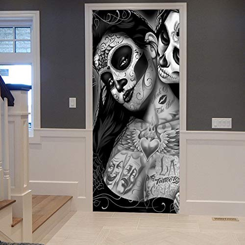 A.Monamour Türtapete Selbstklebend Türfolie Türposter 3D Monochrome Schädelmädchen Mit Tätowierung Tag Des Toten Halloween Vinyl Folie Türdeko Tapete Wandbild Türaufkleber Türtattoo 83 x 204 cm