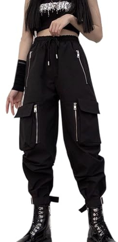 MEINVQIAOTI Black Cargo Pants Women Loose Chained Pants Multi-Pocket Multi-Zip Punk Goth Pants(Black,XS)